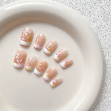 Qfdian Painted Flower Handmade Press On Nails Fake Nails French Manicure Artistic Gentle False Full Cover Nail Patch Color Finger Tips